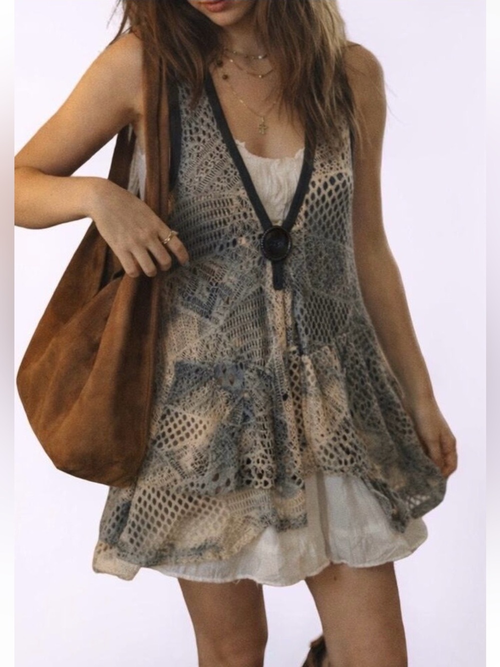 Boho Y2K Crochet Lace Overlay Tank Flowy Tunic Top Sz M Mermaidcore Festival